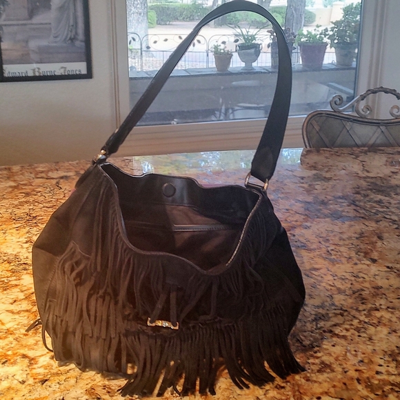 Calvin Klein black "leather" fringed shoulder bag preowned good cond inside out. - Picture 2 of 16